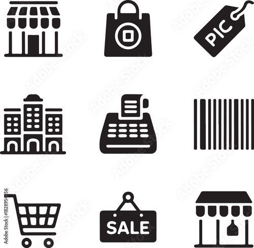 Nine shopping and retail icons in black and white store building
