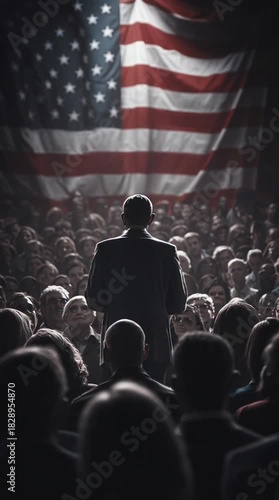 Speaker addressing large crowd with american flag backdrop