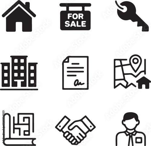 Real estate and property icons including a house a for sale sign a key buildings a contract a map a blueprint a handshake and a realtor Keywords: real estate, property, house, home, building