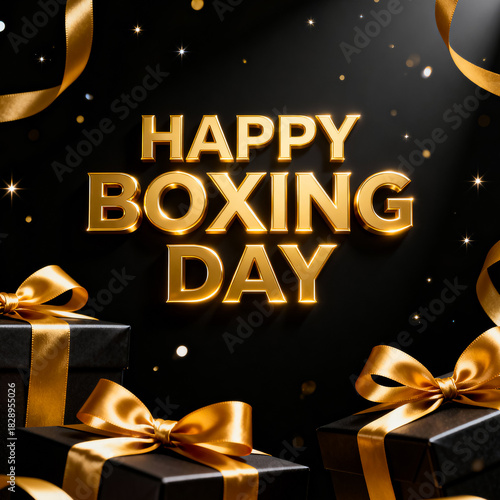 Elegant golden happy boxing day greeting with festive gifts and sparkling confetti on a dark background