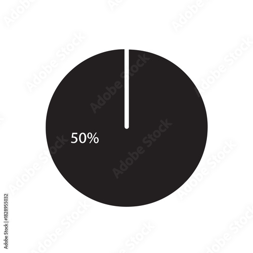 Black pie chart showing fifty percent simple vector graphic for data visualization isolated on white background