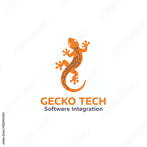 An orange gecko-shaped tech logo featuring circuit-inspired lines, symbolizing agility, innovation, and seamless software integration for modern digital solutions.