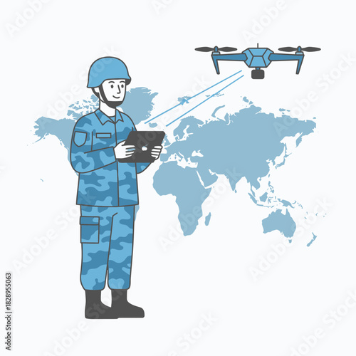 A flat vector illustration of a soldier operating a drone with a tablet, showing modern military technology and remote control systems against a world map backdrop.