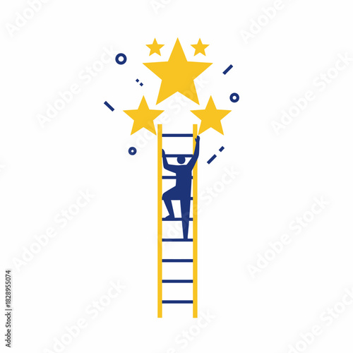 A motivational flat illustration showing a person climbing a ladder to reach shining stars, symbolizing ambition, achievement, personal growth, and the pursuit of goals.