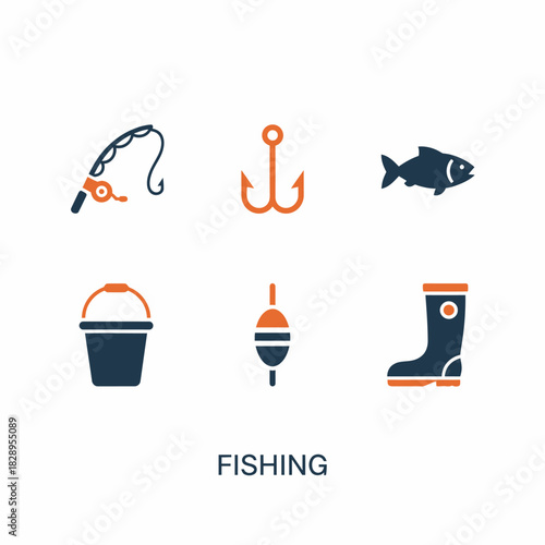 A clean set of fishing icons featuring a rod, hook, fish, bucket, bobber, and boot, representing essential gear for recreational anglers in a simple modern style.