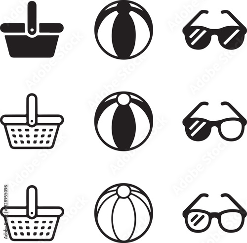 Summer vacation icons including picnic basket beach ball and sunglasses