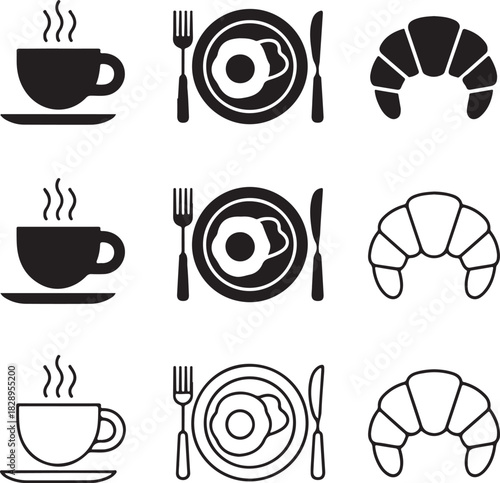 Three rows of three black and white icons showing breakfast items Keywords: coffee cup icon, hot drink icon, saucer icon, fried egg icon, plate icon, fork icon, knife icon, croissant icon, pastry