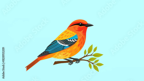 Colorful bird with orange head and yellow body perched on a green leafy branch against a light blue background.