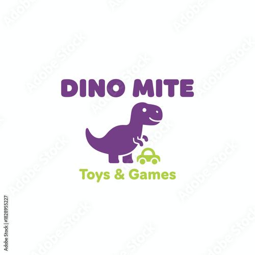 A playful purple dinosaur with a toy car highlights this fun, kid-friendly logo for a toy and games brand, expressing joy, imagination, and childhood adventure.