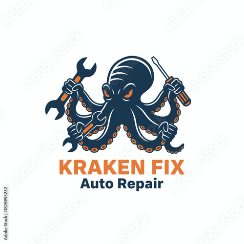 A bold auto repair logo featuring a powerful octopus holding tools, symbolizing strength, precision, and multitasking service for reliable mechanical solutions.