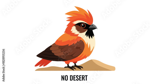 A stylized cartoon bird with a vibrant orange crest stands on a rock above the text 'NO DESERT'.