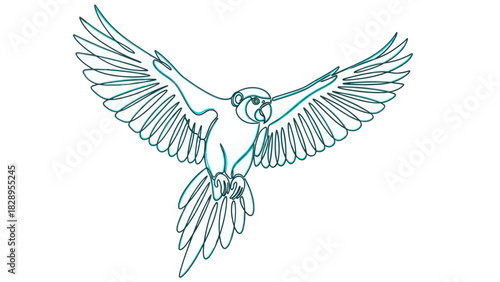 Continuous line drawing of a tropical parrot in graceful flight with outstretched wings.