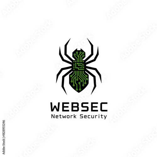 A sleek spider-shaped logo with a green circuit board body symbolizing cybersecurity and digital protection for a modern web security brand identity.
