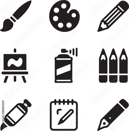 Assortment of art and drawing tools including brush palette pencil spray can and easel painting paintbrush