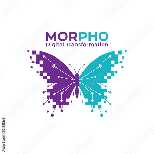 A modern butterfly logo blending purple and turquoise digital pixels, symbolizing innovation, transformation, and the fusion of nature with advanced technology.