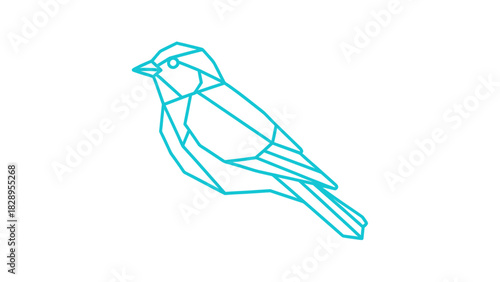 A geometric line art illustration of a small bird in a low-poly, origami style.