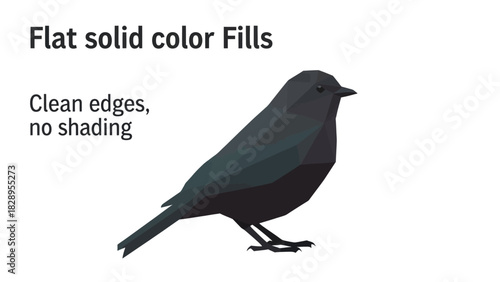 Low-poly dark bird illustration with flat solid color fills and clean, unshaded edges.