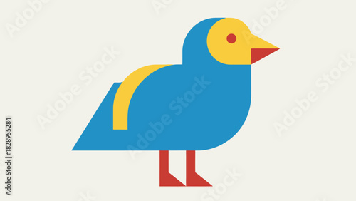 A simple, colorful geometric illustration of a blue bird with yellow and red details.