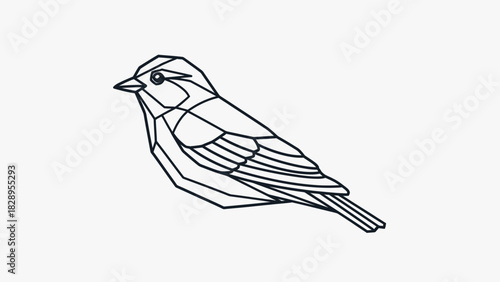 A stylized geometric line art illustration of a small bird in profile, rendered with faceted details.