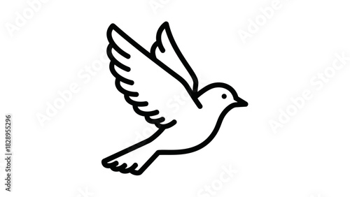 A simple, black and white line drawing of a flying bird, soaring freely.