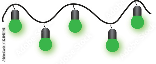 Green string lights with wavy cord on white background