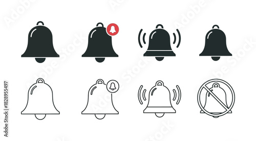 Notification bell icon set featuring various states like ringing, new message, and silent mode in solid and outline styles Vector