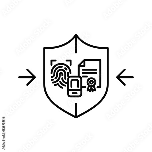 Digital security concept with fingerprint, smartphone, and document in shield, isolated on