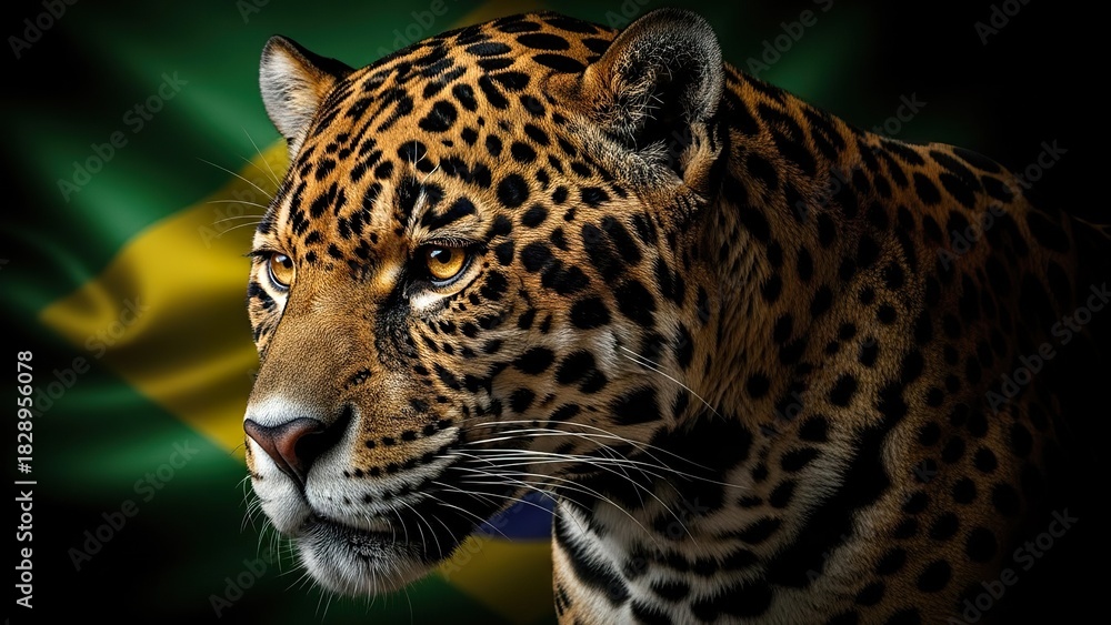 Obraz premium Majestic Jaguar Portrait Overlayed on the Vibrant Green and Yellow Brazilian Flag, Evoking National Pride.