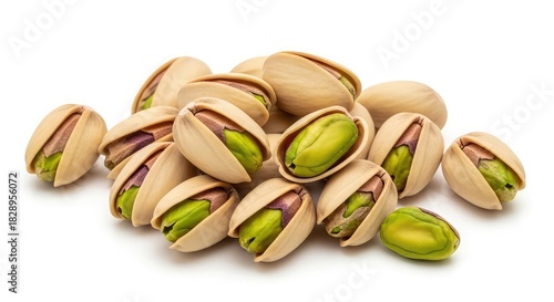 Pile of pistachios isolated on white background, a healthy and tasty snack