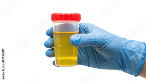 Gloved hand holding urine sample for medical diagnostic test