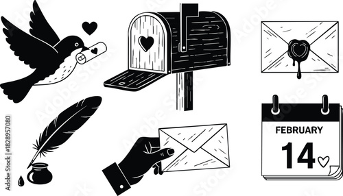 Monochrome vector art with dove carrying love letter mailbox envelope with wax seal ink quill calendar page marking february fourteen romantic valentines day theme