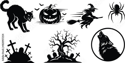 Monochrome halloween vector art with black cat pumpkin witch on broom spider haunted graveyards bare tree and howling wolf silhouette collection in spooky style