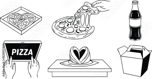 Black line vector art of heart pizza in box cheesy slice in hand soda bottle takeaway carton and napkin dispenser icons