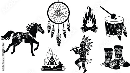 Flat black tribal vector art of horse dreamcatcher drum campfire tipi boots and flute player icons in silhouette style on white background