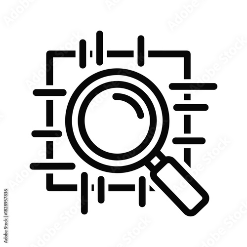 Magnifying glass examining a digital circuit board, symbolizing data analysis, research, and technological inspection