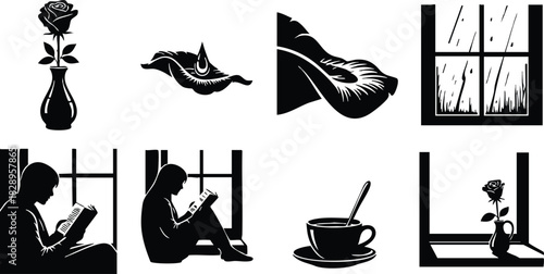 Monochrome vector art set of reading person by window with rain rose in vase coffee cup and single teardrop on eyelid in quiet mood