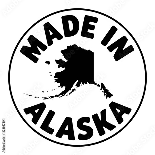 Made in alaska circular stamp with state map outline on white