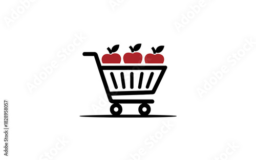Online shopping cart icon with three red apples, fresh produce