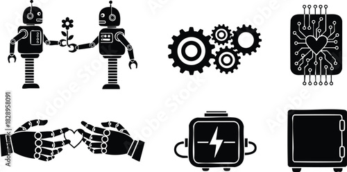Flat design black robot romance icons with flower gift robot couple gears heart circuit board robotic hands heart box battery and safe on white background