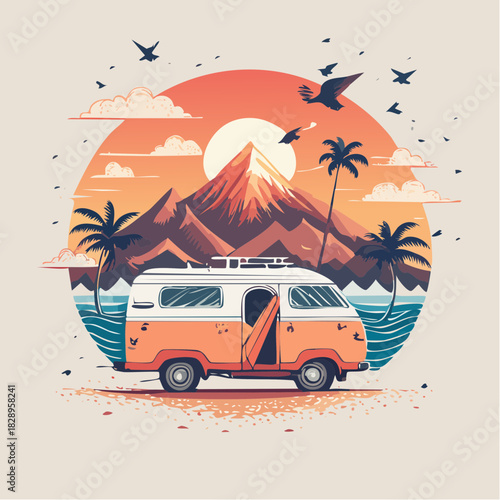 Retro camper van parked on a beach with a backdrop of mountains and a vibrant sunset, embodying a sense of adventure and freedom