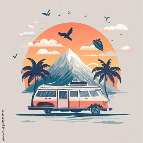 Vintage Van Road Trip Adventure Amidst Scenic Mountain and Coastal Views with Tropical Palms and Flying Birds