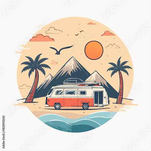 Retro camper van parked by the beach with palm trees and mountains under a bright sun, evoking a sense of adventure and vacation