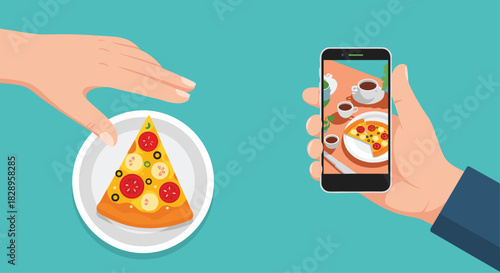 Hand holding a smartphone to take a photo of a pizza slice before another person reaches to eat it for social media sharing.