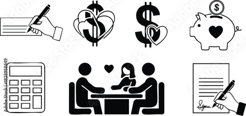 Flat design black finance icons with heart symbols showing couple agreement piggy bank dollar signs calculator and hands signing contract for relationship money planning