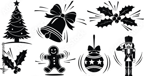 Monochrome vector art of christmas tree bell holly gingerbread cookie bauble and saluting nutcracker toy soldier with motion lines in playful festive style