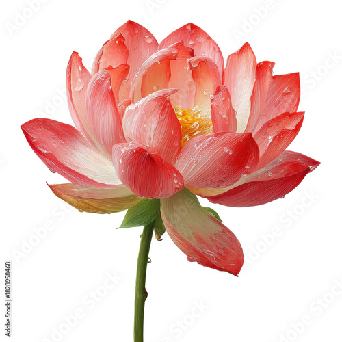 Beautiful pink lotus flower with droplets glistening on its petals under soft daylight in a serene garden setting