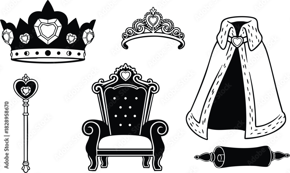 Fototapeta premium Flat vector art of royal throne crown tiara cloak scepter and scroll with heart motifs in black and white line style for princess party graphics