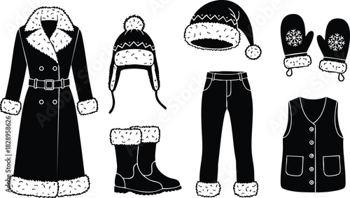 Black and white vector art of winter clothing set with fur trim coat boots pants hats mittens and vest in flat style for cold season