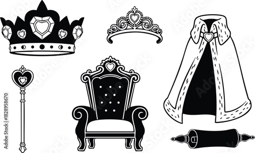 Flat vector art of royal throne crown tiara cloak scepter and scroll with heart motifs in black and white line style for princess party graphics