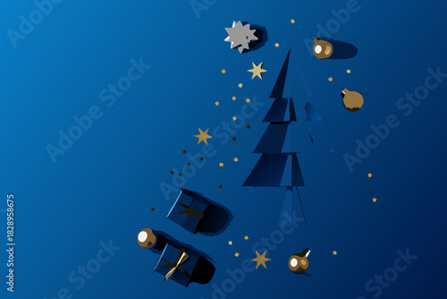 Abstract blue christmas scene with gifts tree and falling star shapes